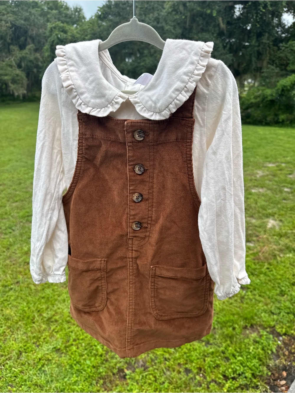 Joe Fresh Classic Brown Corduroy Kids Overall Dress with Collared Cream Blouse